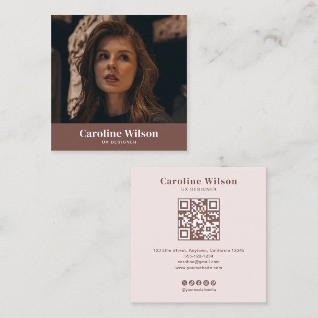 Modern Minimalist Terracotta QR Code Photo Square Business Card (Front/Back)