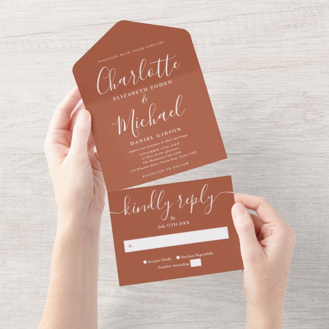 Modern Minimalist Terracotta Script Wedding All In One Invitation (Tearaway)