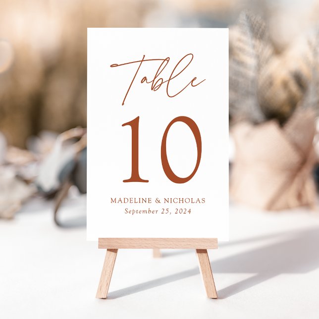 Modern Minimalist Terracotta Script Wedding Table Number (Creator Uploaded)