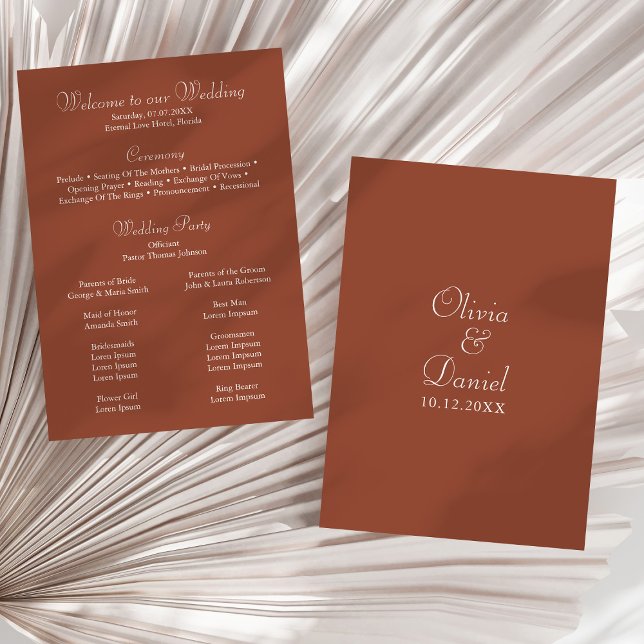 Modern Minimalist Terracotta Wedding Program (Modern Minimalist Terracotta Wedding Program on a sunny white dry palm leaf.)
