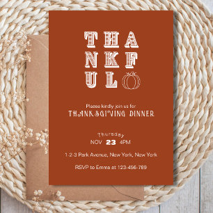 Modern Minimalist Thankful Thanksgiving Dinner Invitation