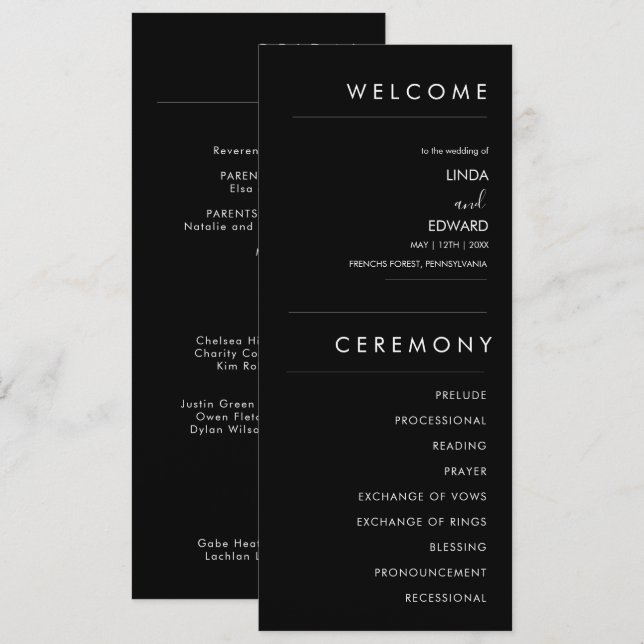 Modern Minimalist Traditional  Black Wedding Program (Front/Back)