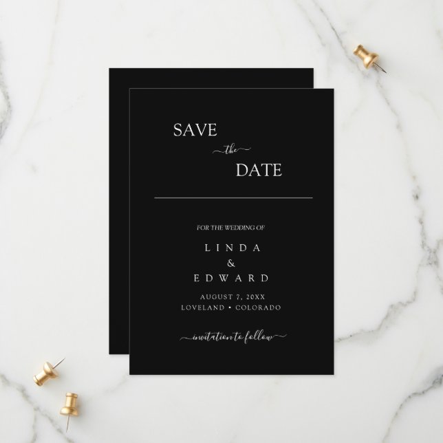 Modern Minimalist Traditional  Black Wedding Save The Date (Front/Back In Situ)