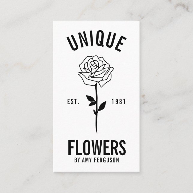 Modern minimalist trendy black white rose flower business card (Front)