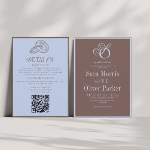 Modern Minimalist Trendy Brown & Blue Wedding Invitation