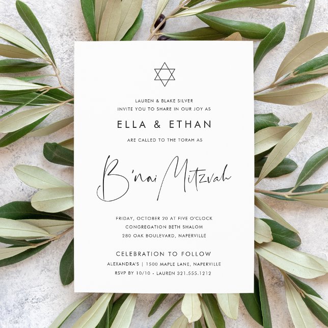 Modern Minimalist Twins B'nai Mitzvah Invitation (Creator Uploaded)