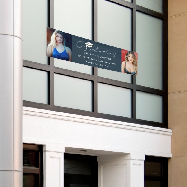 Modern Minimalist Twins Graduation  Photo Party  Banner (Outside Building)