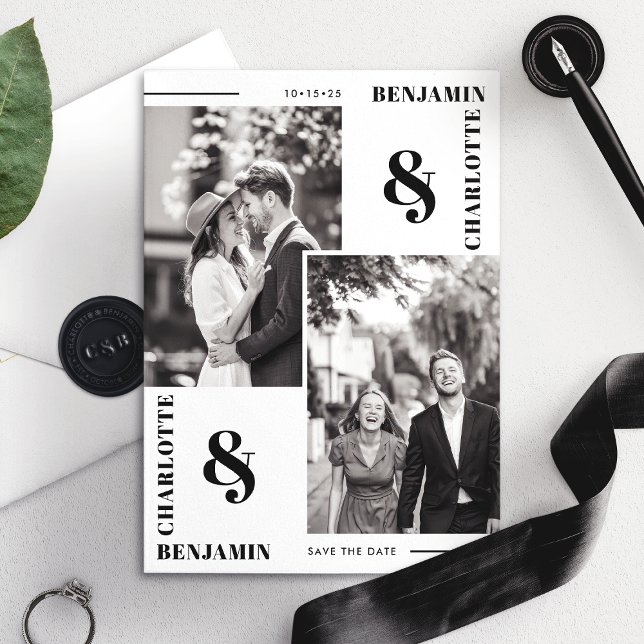 Modern Minimalist Two Photo Save the Date Card (Creator Uploaded)