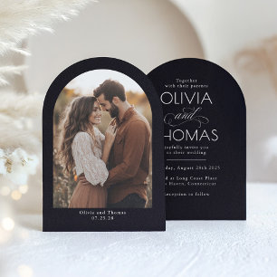 Modern Minimalist Typography Black Wedding Photo Invitation
