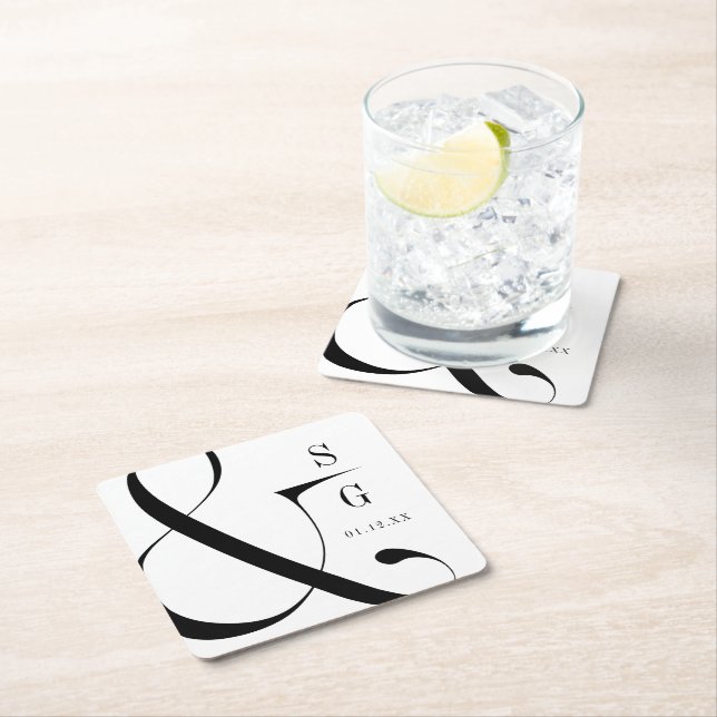 Modern minimalist typography couples monogram square paper coaster (Insitu)