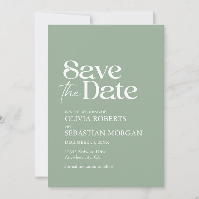 Modern Minimalist Typography Sage Green Wedding Save The Date (Front)