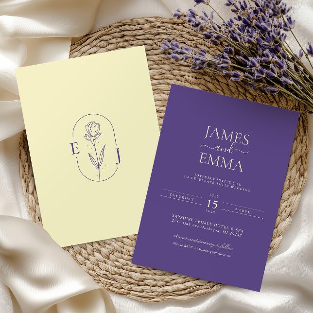 Modern Minimalist Violet and Yellow Wedding Invitation (Creator Uploaded)
