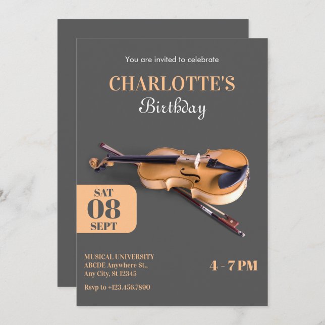 Modern minimalist violin birthday invitation (Front/Back)