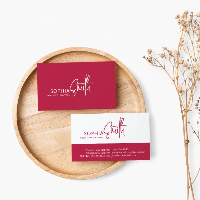 Modern Minimalist Viva Magenta Stylish Script Business Card (Creator Uploaded)