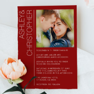 Modern Minimalist Wedding Crimson Red Photo Invitation