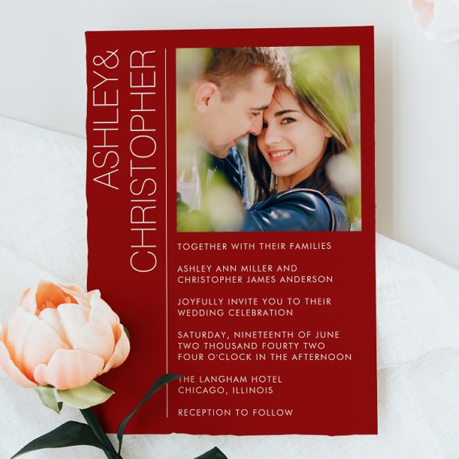 Modern Minimalist Wedding Crimson Red Photo Invitation (Creator Uploaded)