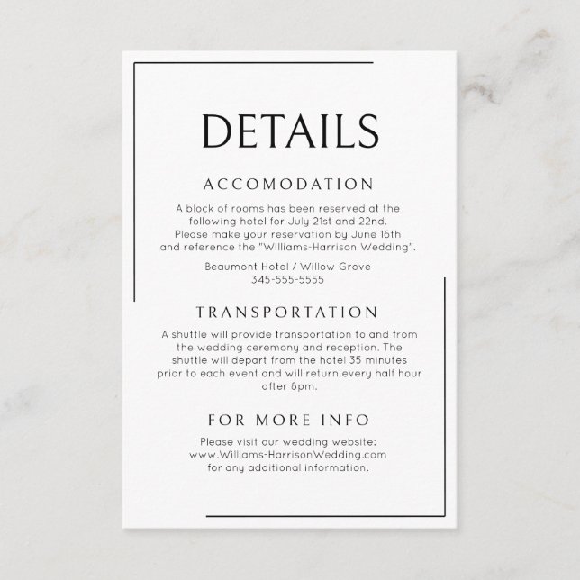 Modern Minimalist Wedding Details  Enclosure Card (Front)