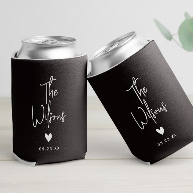 Modern Minimalist Wedding Elegant Last Name Can Cooler (A personalized can cooler for weddings, displaying the couple's names and date in a charming design)