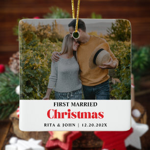 Modern Minimalist Wedding First Christmas Metal Ceramic Ornament
