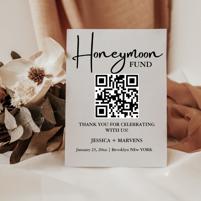 Modern Minimalist  wedding honeymoon fund QR code  Pedestal Sign (Creator Uploaded)