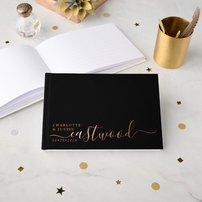 Modern Minimalist Wedding Monogram Foil Black Guest Book (Front Open)