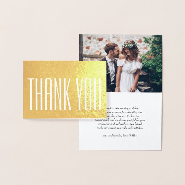 Modern Minimalist Wedding Photo Elegant Thank You Foil Card (Display)