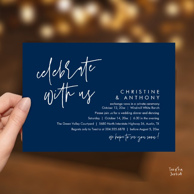 Modern Minimalist Wedding Reception Dinner Invitation (Modern Minimalist Wedding Reception Dinner Invitation Card, Celebrate with us, in Navy Blue)