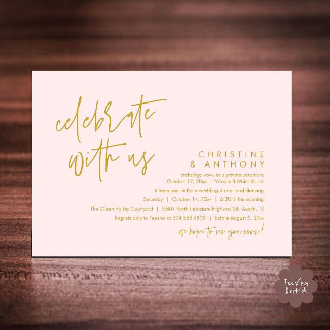 Modern Minimalist Wedding Reception Dinner Invitation (Modern Minimalist Wedding Reception Dinner Invitation Card, Celebrate with us, in Yellow Gold Blush)