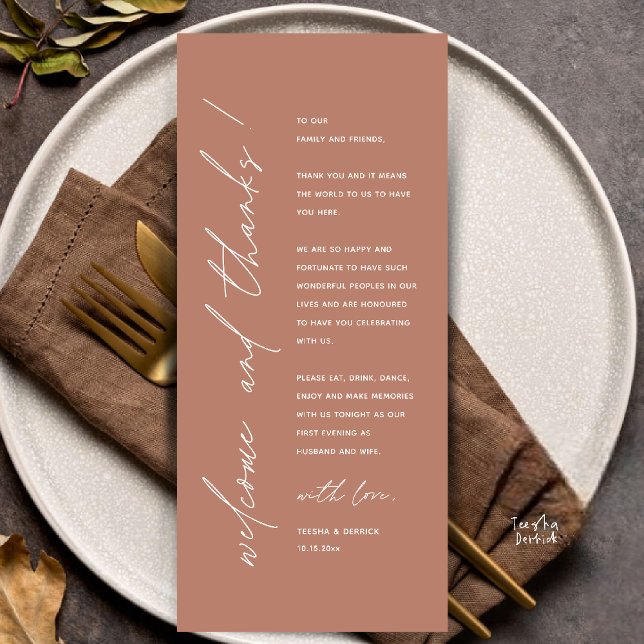 Modern Minimalist Wedding Reception Thank You Card (Modern Minimalist Wedding Reception Dinner Thank You Card in terracotta Brown earthy tone)