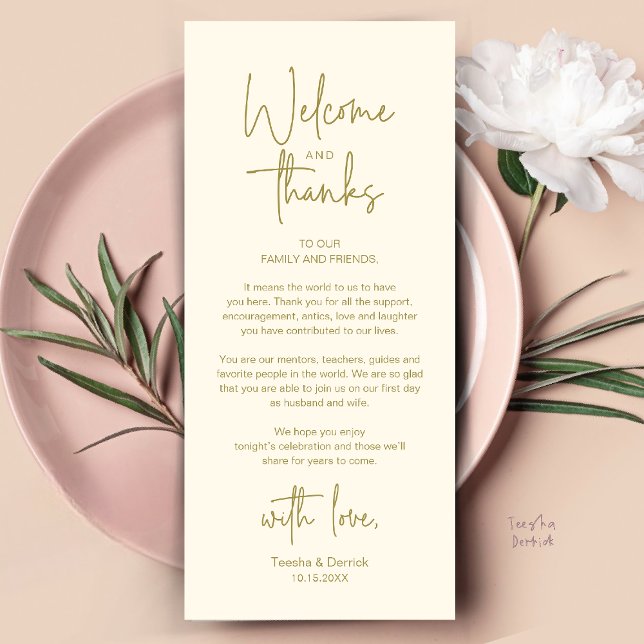 Modern Minimalist Wedding Reception Thank You Card (Modern Minimalist Wedding Reception Thank You Dinner Lunch Brunch Party Card in Yellow Gold)