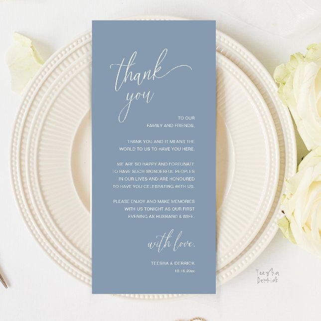Modern Minimalist Wedding Reception Thank You Card (Modern Minimalist Wedding Reception Thank You Card in Classy Dusty Blue)