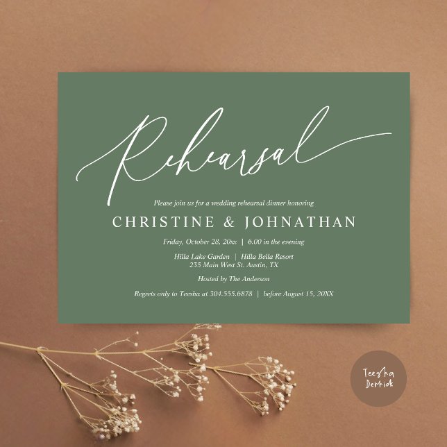 Modern Minimalist, Wedding Rehearsal and Dinner Invitation (Wedding Rehearsal Dinner Invitation Card, PDF, Modern Minimalist Handwriting, in Forest Sage Green)