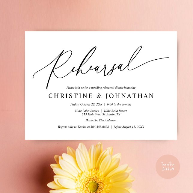 Modern Minimalist, Wedding Rehearsal and Dinner Invitation (Wedding Rehearsal Dinner Invitation Card, PDF, Modern Minimalist Handwriting, in Black and White)