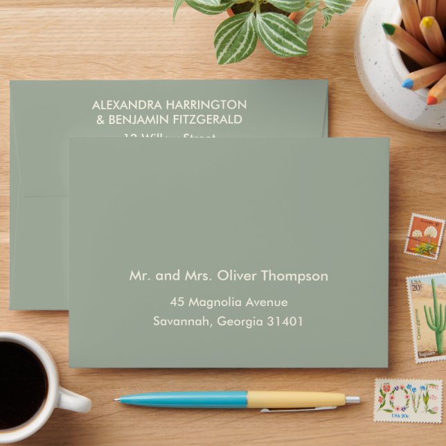 Modern Minimalist Wedding | Sage Green Timeless  Envelope (Desk)