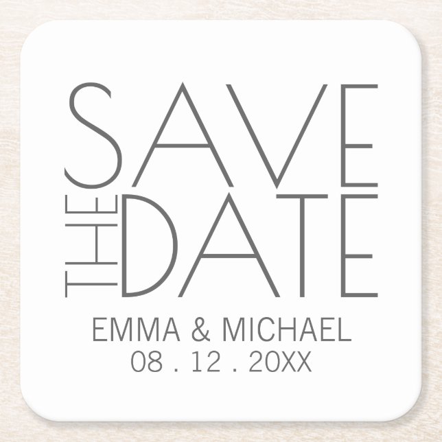 Modern Minimalist Wedding Save the Date Square Paper Coaster (Front)