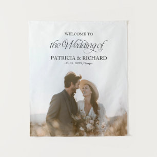 Modern Minimalist Wedding Welcome Sign With Photo Tapestry