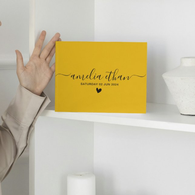 Modern Minimalist Weddings Mustard yellow Guest Book (guest books trendy wedding calligraphy script typography newly weds simple heart minimalist elegant )
