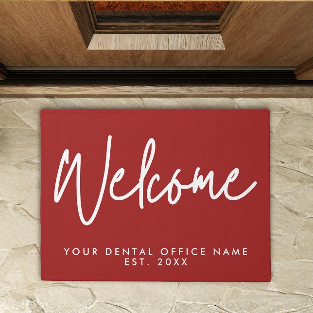 Modern Minimalist Welcome Script Dental Office Red Doormat (Creator Uploaded)