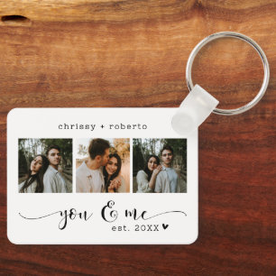 Modern Minimalist White 3 Photo Script Collage Key Ring