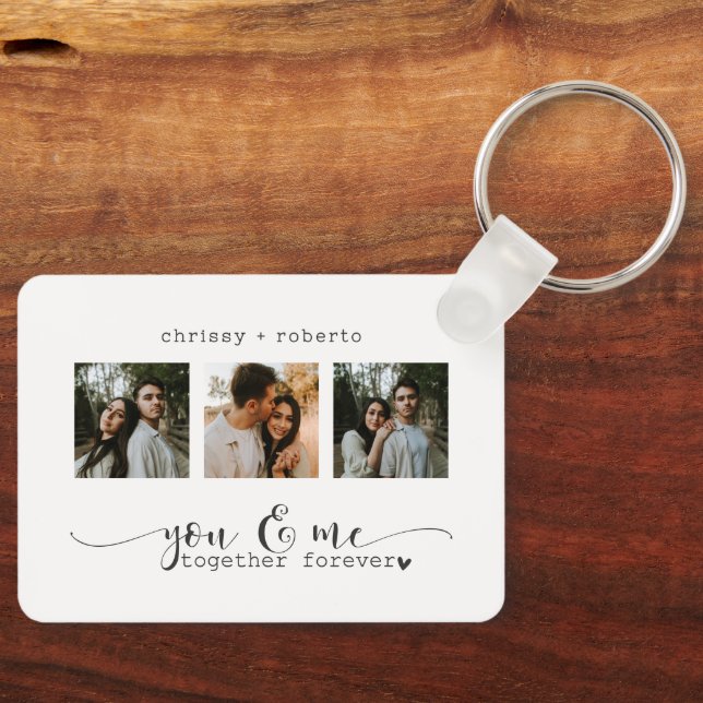 Modern Minimalist White 3 Photo Script Collage Key Ring (Front)