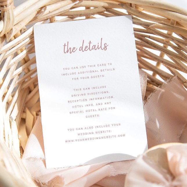 Modern Minimalist White and Dusty Rose  | Details Enclosure Card (A simple, white and dusty pink wedding details card)