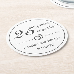 Modern Minimalist White Black Anniversary Round Paper Coaster