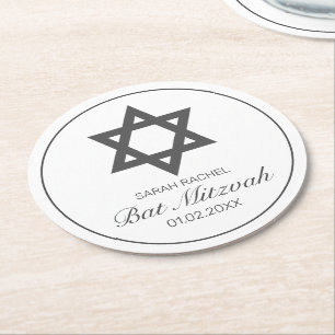 Modern Minimalist White Black Bar Bat Mitzvah Round Paper Coaster