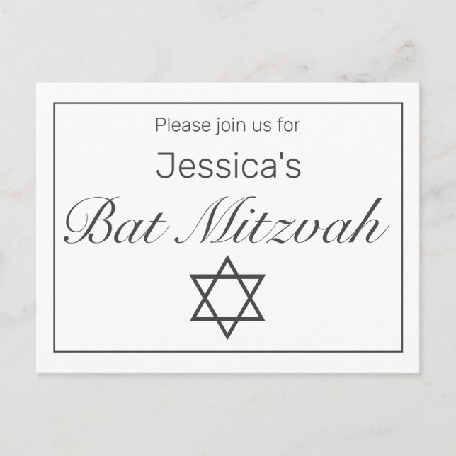 Modern Minimalist White Black Bat Mitzvah Announcement Postcard (Front)