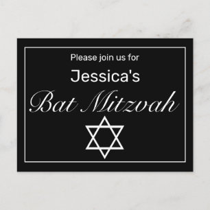 Modern Minimalist White Black Bat Mitzvah Announcement Postcard