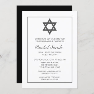 Modern Minimalist White Black Bat Mitzvah Invitation