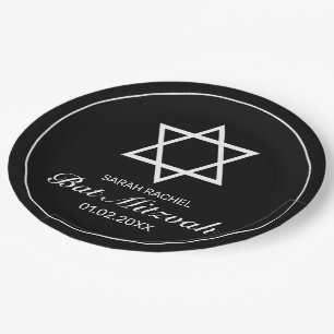 Modern Minimalist White Black Bat Mitzvah Paper Plate