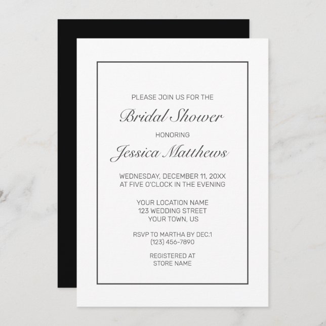 Modern Minimalist White Black Bridal Shower Invitation (Front/Back)
