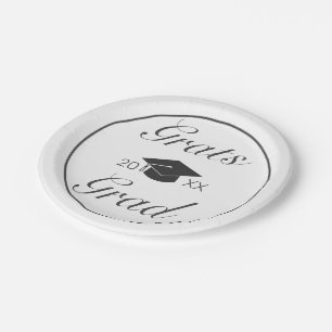 Modern Minimalist White Black Grats Graduation Paper Plate