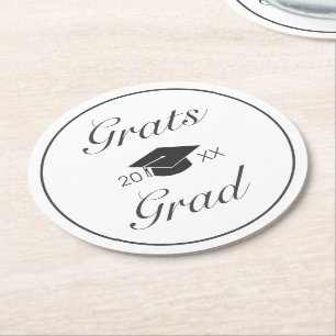 Modern Minimalist White Black Grats Graduation Round Paper Coaster